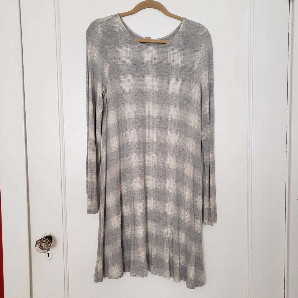 Old Navy Plaid Tunic Dress M Gray Long Sleeve Swing A-Line Soft Stretch